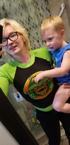 Customer photo review of Swamp Creature Tiki Mug Sweater by Oblong Box Shop