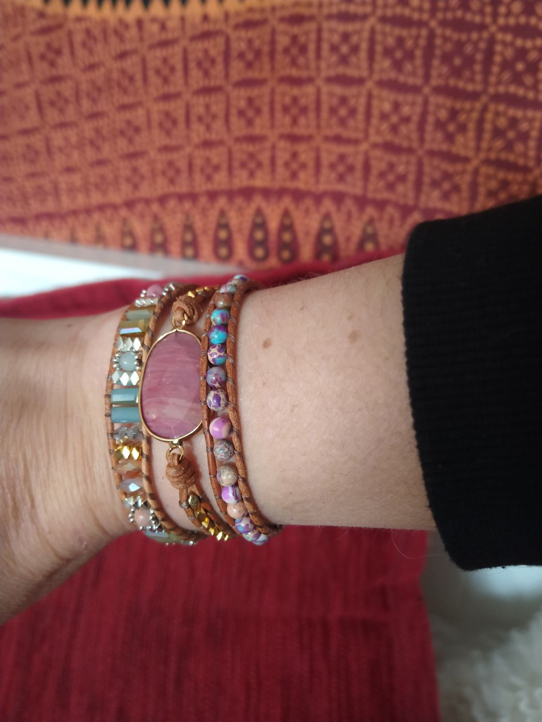 Customer photo review of Natural Rhodonite & Jasper Wrap Bracelet