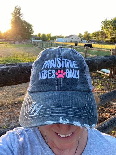 Customer photo review of Pawsitive Vibes Only Distressed Mesh Back Hat