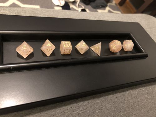 Customer photo review of URWizards Dnd Rose Quartz Gemstone Engraved Dice Set Plant Vine Style