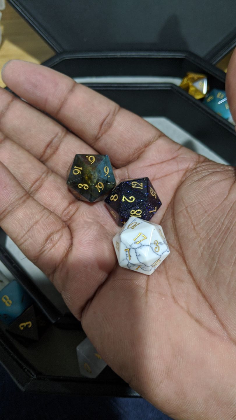 Customer photo review of URWizards Dnd Engraved labradorite D20 Dice