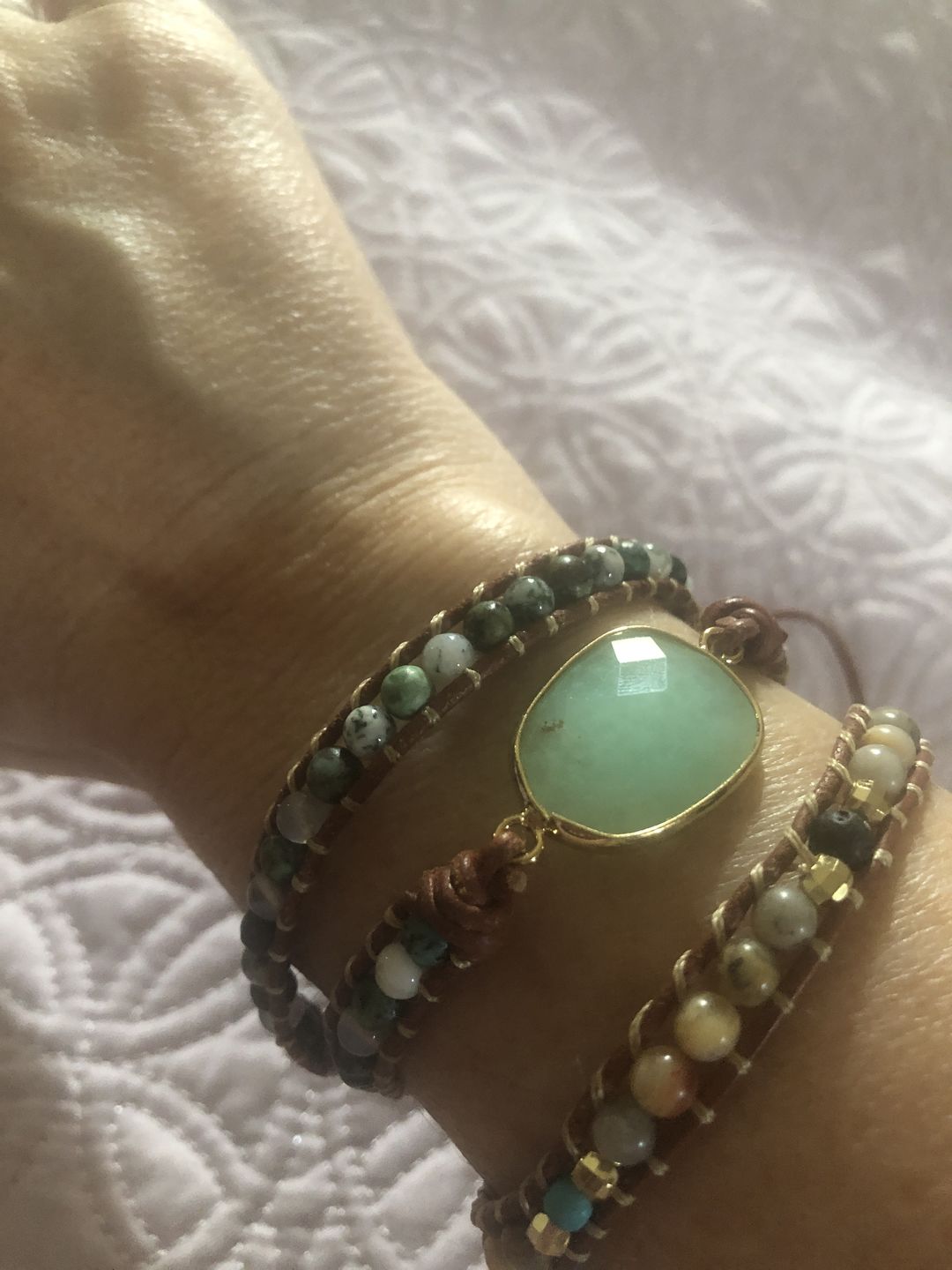 Customer photo review of Natural Green Jade Jasper and Moss Agate Wrap Bracelet