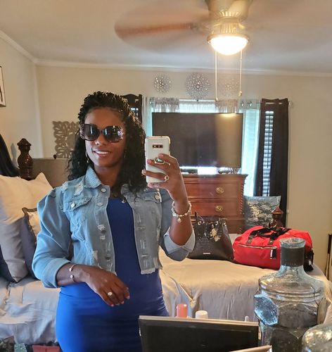 Customer photo review of Distressed Puff-Sleeve Denim Jacket