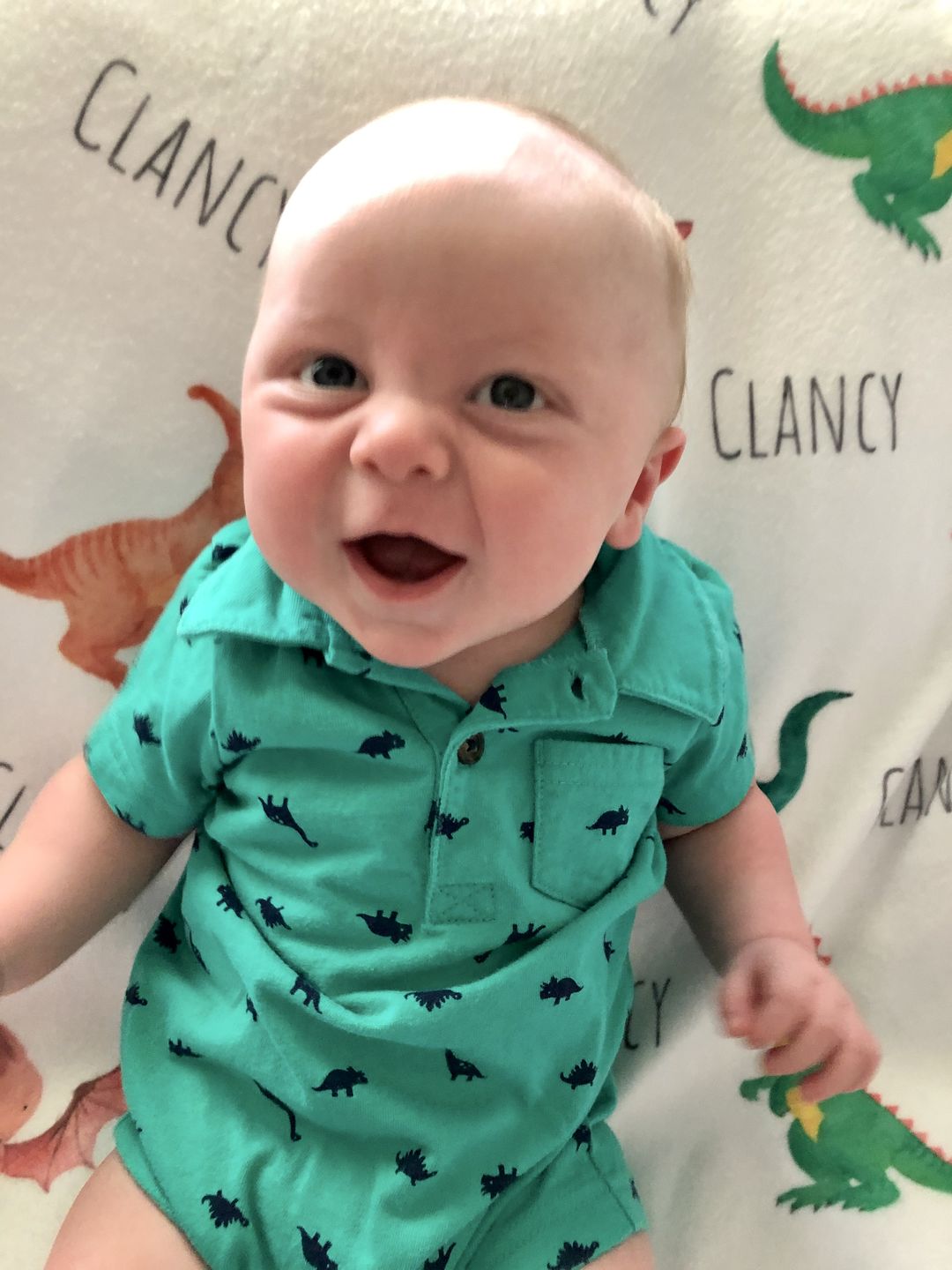 Customer photo review of Personalized Dinosaur Watercolor Print Baby Name Blanket