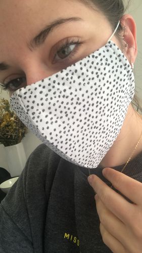Customer photo review of Black & White Spotted Muslin Mask