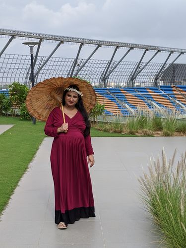 Customer photo review of Elegant Mulberry Wine Front Wrap Maternity & Nursing Dress