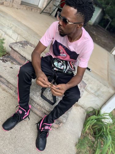 Customer photo review of Solid One Stripe Track Pants Black - Pink (100-401)