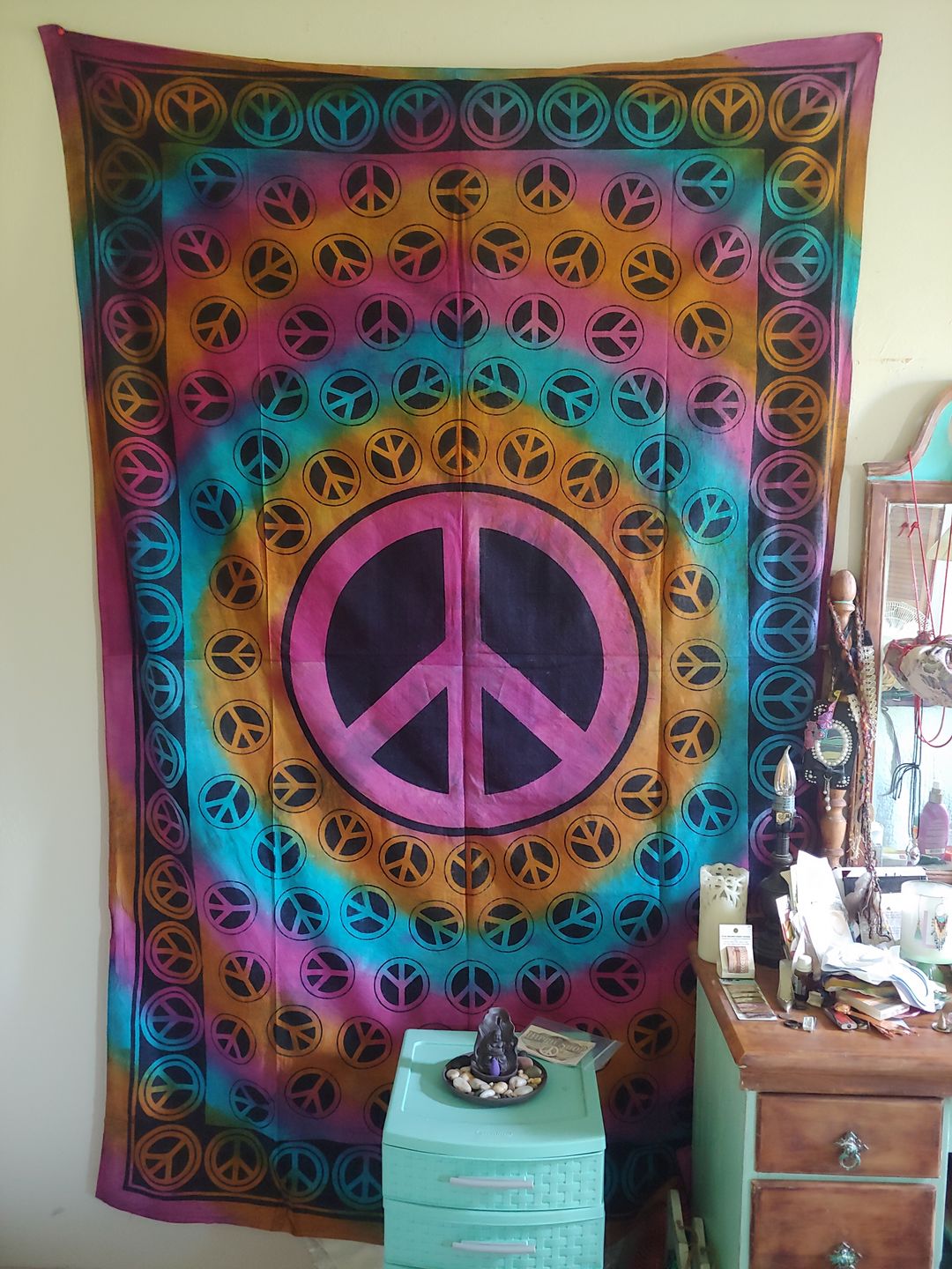 Customer photo review of Peace Sign Tie Dye Tapestry