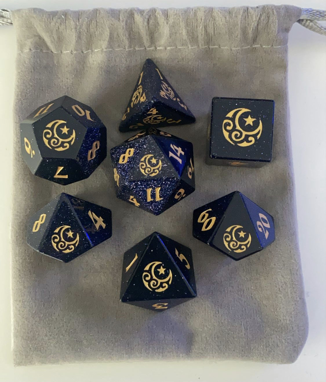 Customer photo review of URWizards Dnd Blue Sandstone Engraved Dice Set Moon Star Style