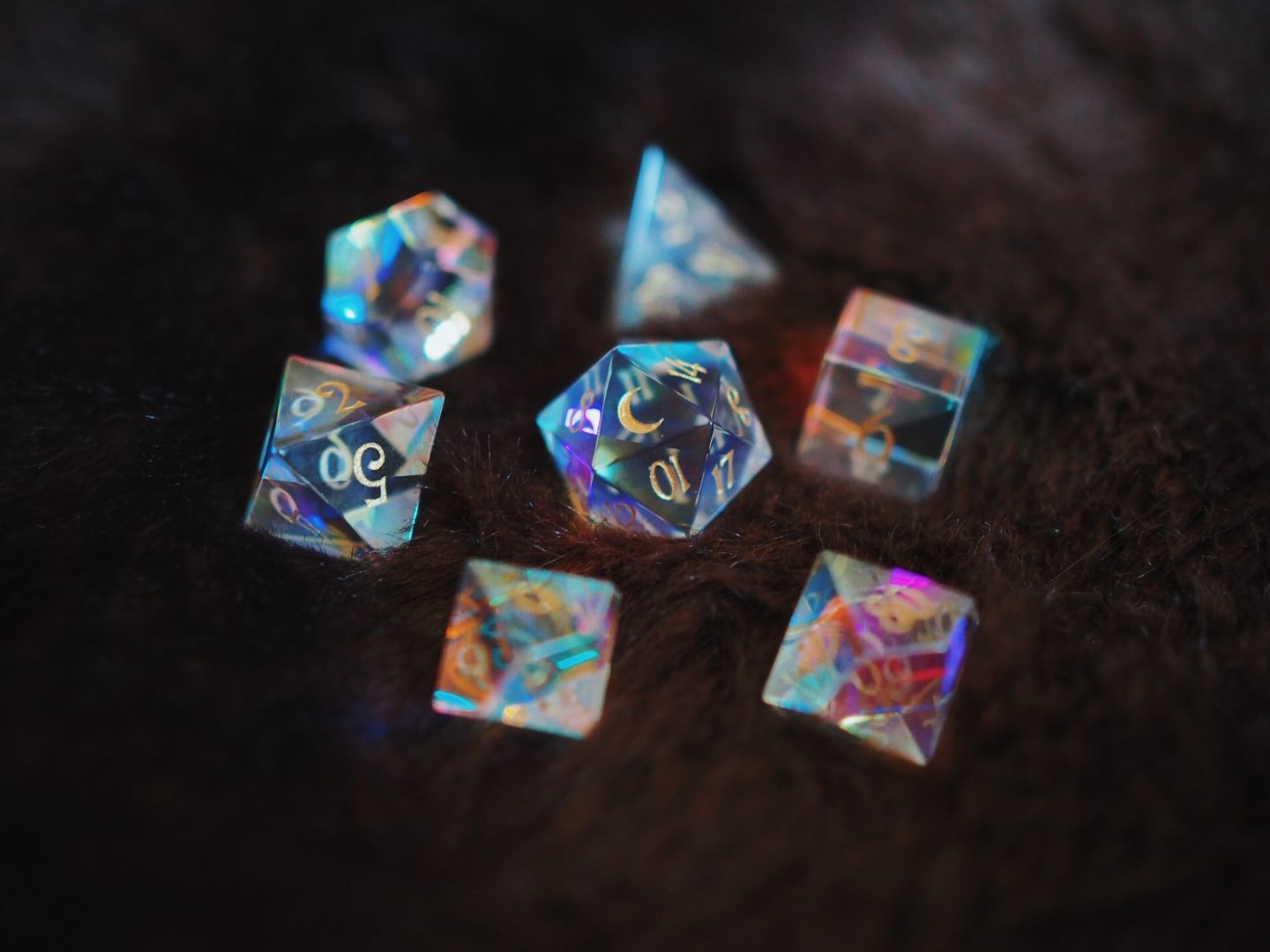Customer photo review of URWizards Dnd Dichroic Prism  Glass Gemstone Engraved Dice Set Moon Style
