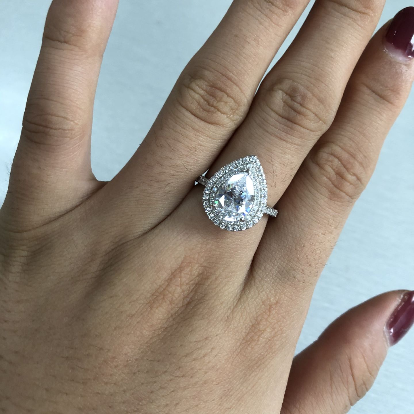 Customer photo review of Louily Double Halo Pear Cut Engagement Ring In Sterling Silver