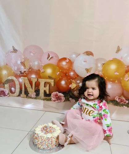Customer photo review of Kate Birthday Cake Smash Balloon with Butterfly Backdrop for Photography Designed by Cassie Christiansen Photography