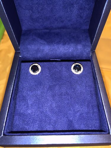 Customer photo review of 2.6 Ct Round Ceylon Sapphire And Diamond Pave Halo Stud Earrings
