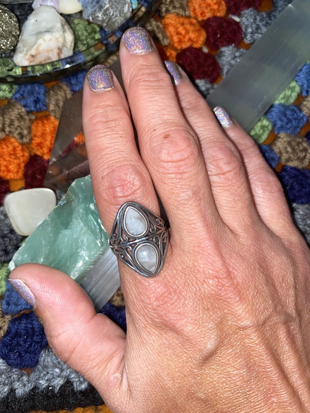 Customer photo review of Natural Rainbow Moonstone Ring