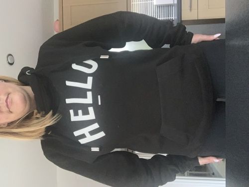 Customer photo review of Black Hello Cowl Neck Hoodie