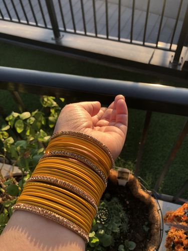 Customer photo review of Rhinestone & Matte Yellow Bangles