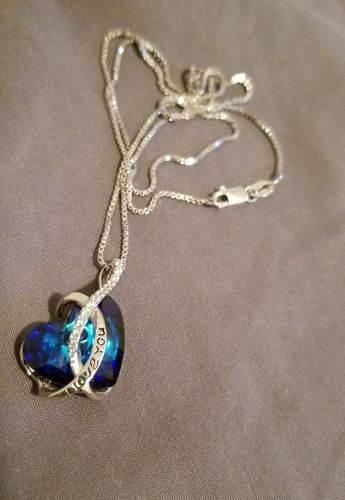 Customer photo review of Swarovski crystal sterling silver necklace engraved with I Love You