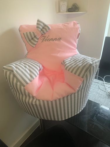 Customer photo review of Personalised Grey Stripe And Pink Bean Bag Chair