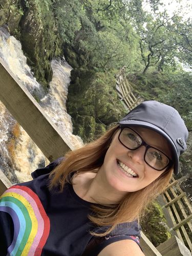 Customer photo review of Navy Organic Cotton Distressed Rainbow T-Shirt