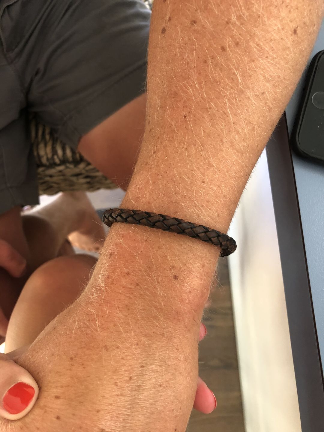 Customer photo review of Brown Leather Black Matte Steel Clasp Engravable Bracelet