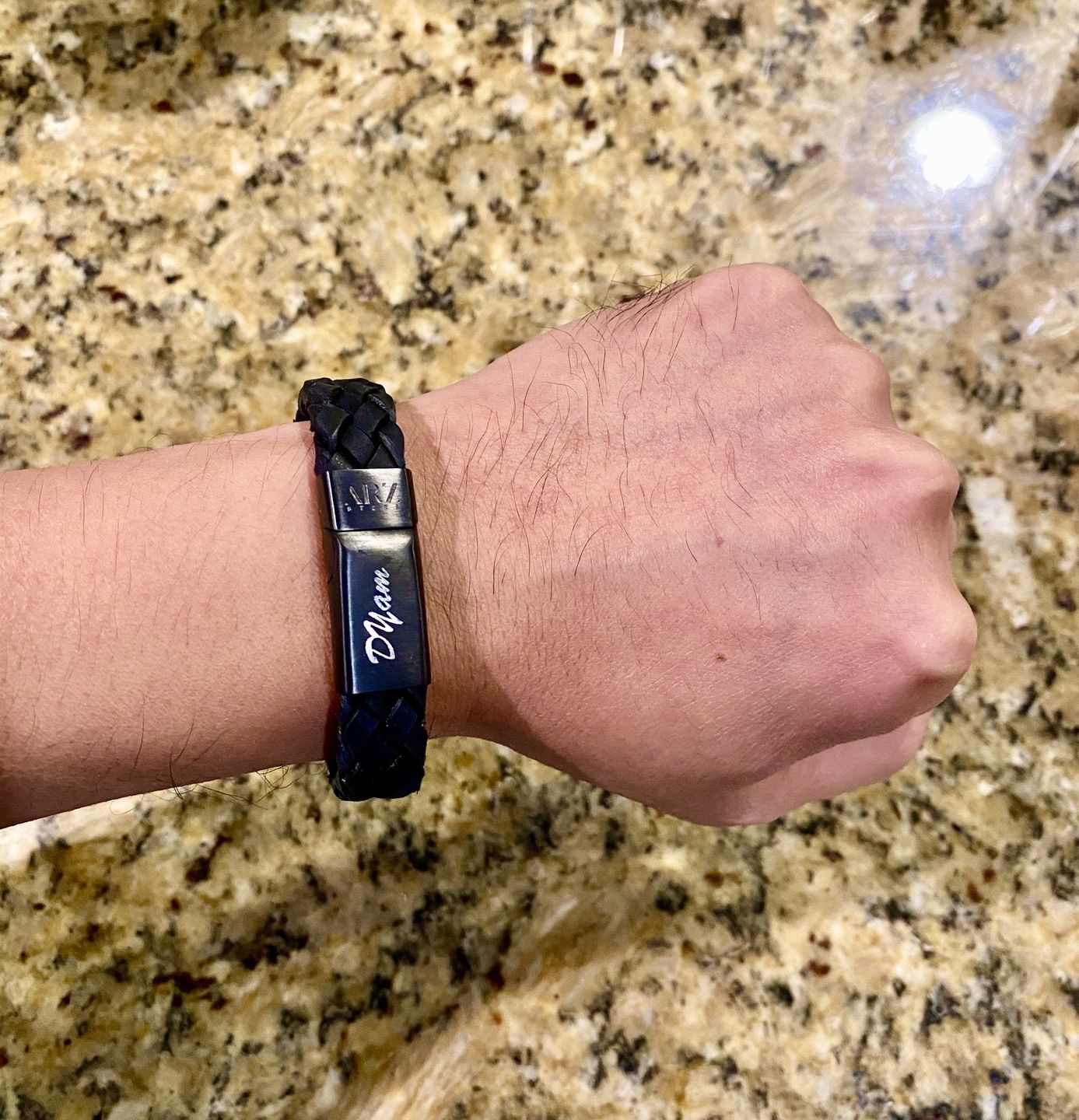 Customer photo review of Black on Black Braided Italian Leather Engravable Bracelet