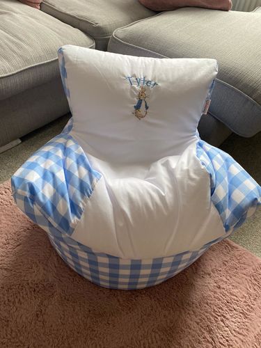 Customer photo review of Personalised Blue Gingham Peter Rabbit Bean Bag Chair