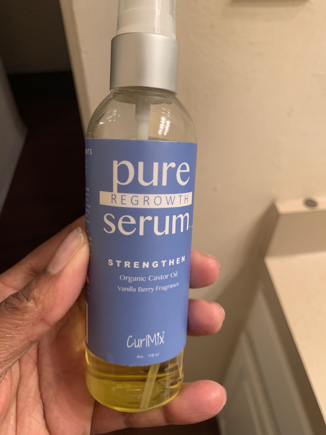 Customer photo review of Hair Growth Serum for Curly Hair with Organic Castor Oil for Strengthening and Vanilla Berry Fragrance