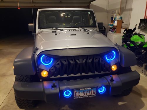 Customer photo review of Shark Grille & RGB Halo Headlights & RGB Halo Fog Lights Combo for Jeep Wrangler JK