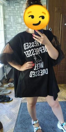 Customer photo review of New lace patchwork Midi-length cotton dress plus size clothing traveling dress Elegant short sleeve alphabet cotton dress
