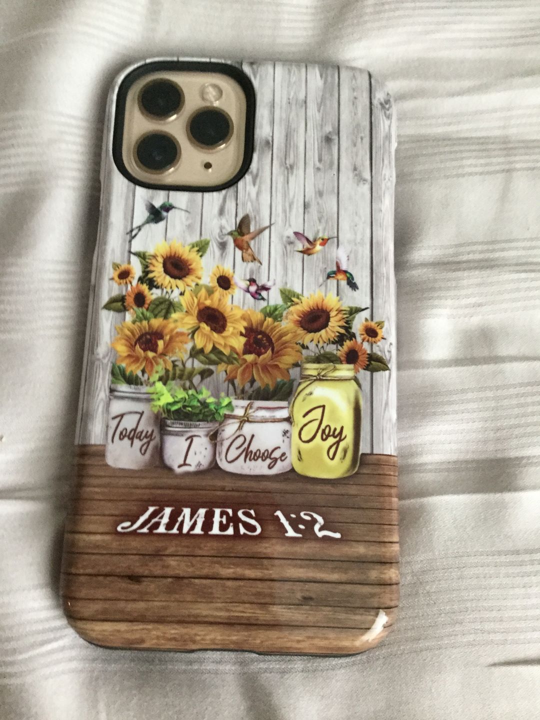 Customer photo review of Christian phone cases: Today I choose Joy James 1:2, Sunflower Hummingbird phone case