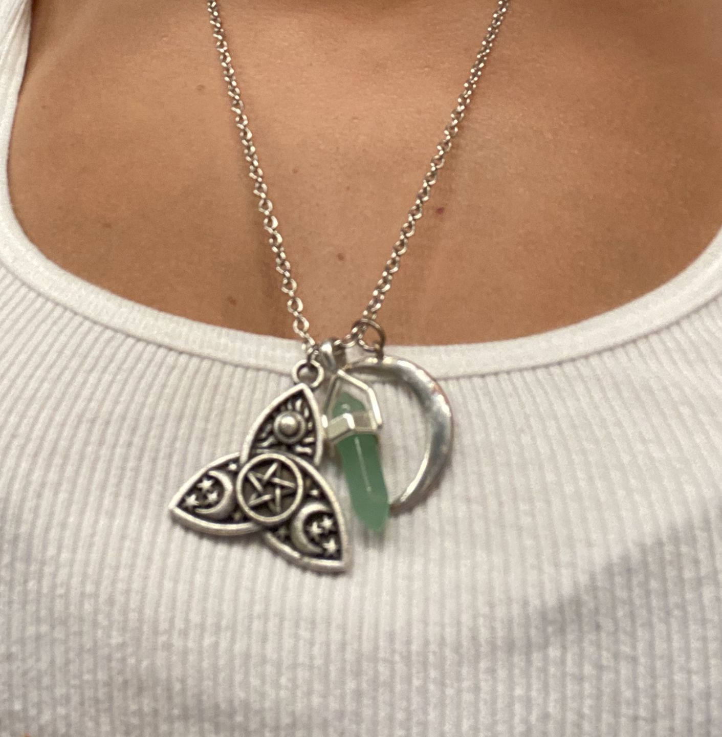 Customer photo review of Triple Moon Goddess Triquetra Necklace