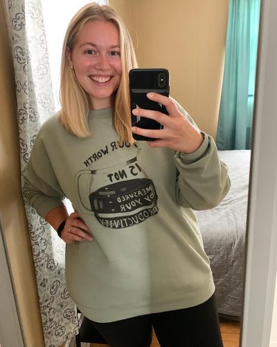 Customer photo review of Your Worth Is Not Measured By Your Productivity (Coffee Pot) -- Sweatshirt