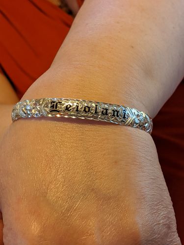 Customer photo review of Sterling Silver Custom-made King Scroll Black Enamel Letter Cut Out Edge Bangle (Heavy 1.75)