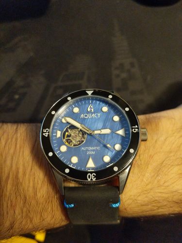 Customer photo review of Aquacy Hei Matau Cave Diver Open Heart Men's Automatic 200M Blue Mother of Pearl Dive Watch CD.38.BLMOP.B.L