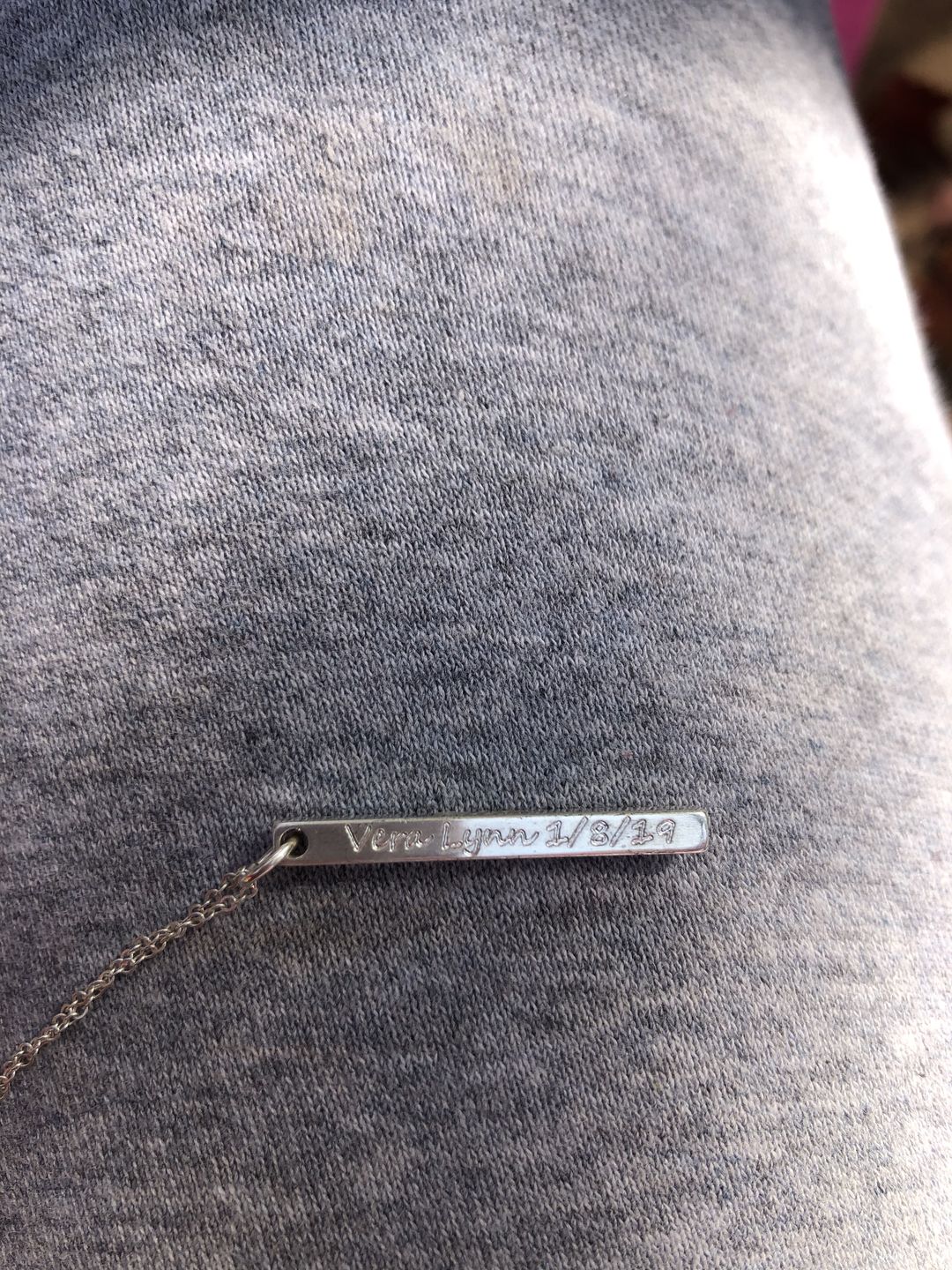 Customer photo review of Dainty Engraved 3D Bar Necklace