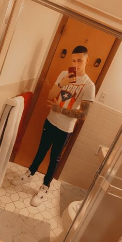 Customer photo review of Premium Side Stripe Zip Pocket Track Pants (Red-White)