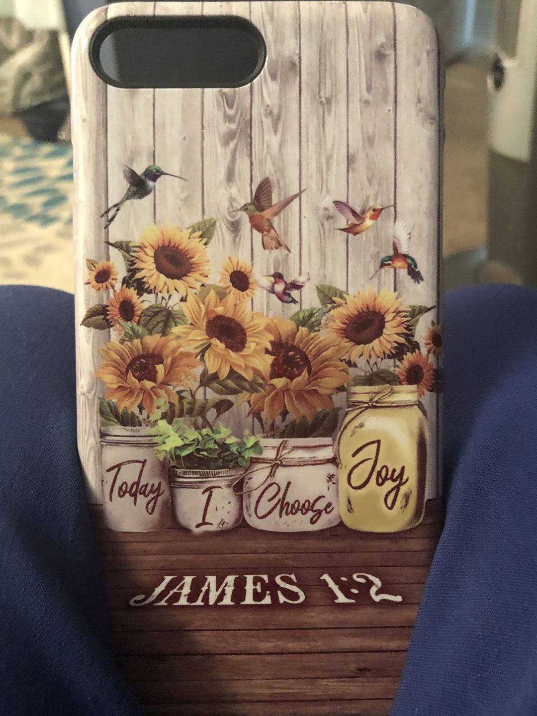 Customer photo review of Christian phone cases: Today I choose Joy James 1:2, Sunflower Hummingbird phone case