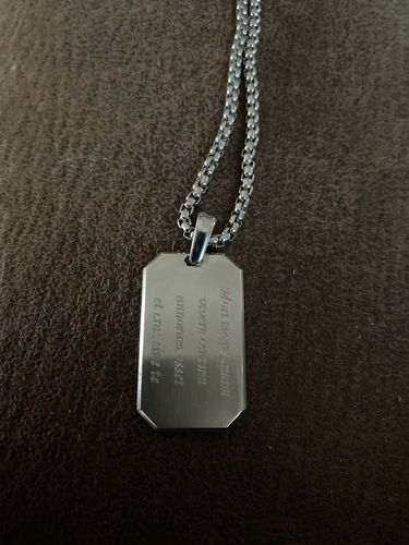 Customer photo review of Matte Steel Modern Dog Tag Engravable Pendant