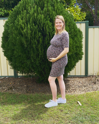 Customer photo review of Luella Print Maternity & Nursing Dress in Black Cherry