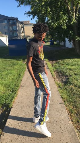 Customer photo review of Dip Dye Skinny Fit Track Denim Bleach Splatter - Orange (M4818D)