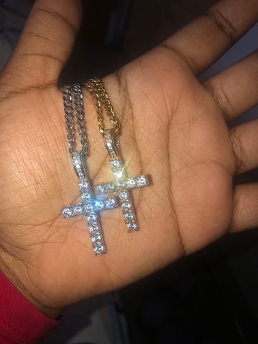 Customer photo review of White Gold CZ Stone Cross Pendant with 22” Franco Chain