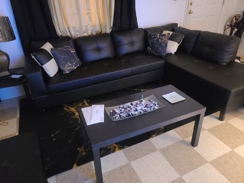 Customer photo review of Black Gold Marble Print Area Rug