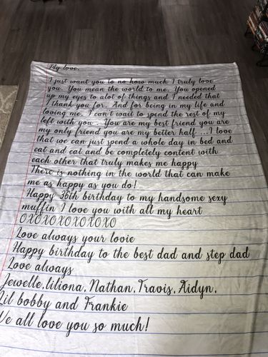 Customer photo review of PERSONALIZED LETTER BLANKET FOR YOUR LOVED ONES