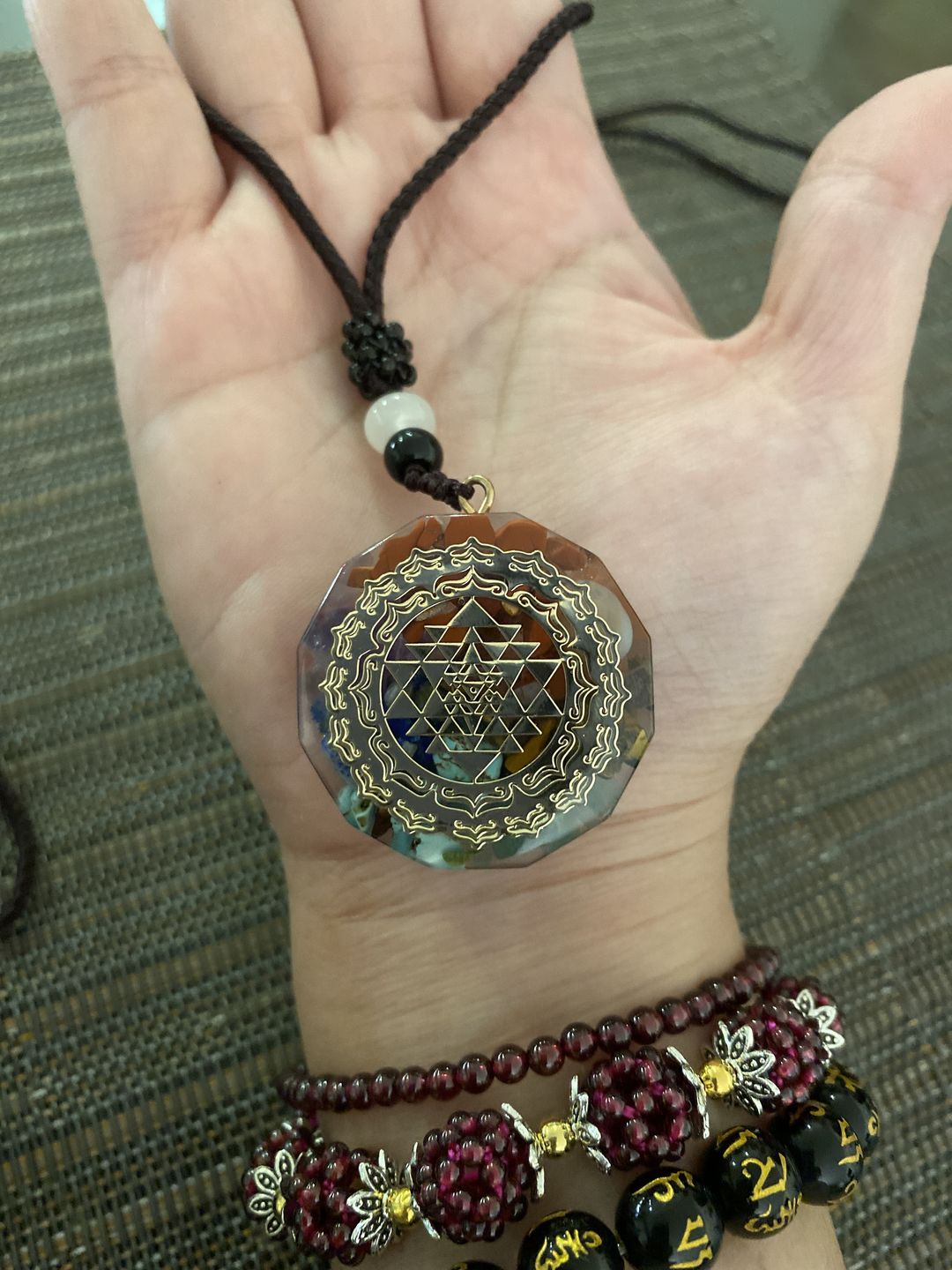Customer photo review of Sacred Sri Yantra Orgonite Chakra Necklace