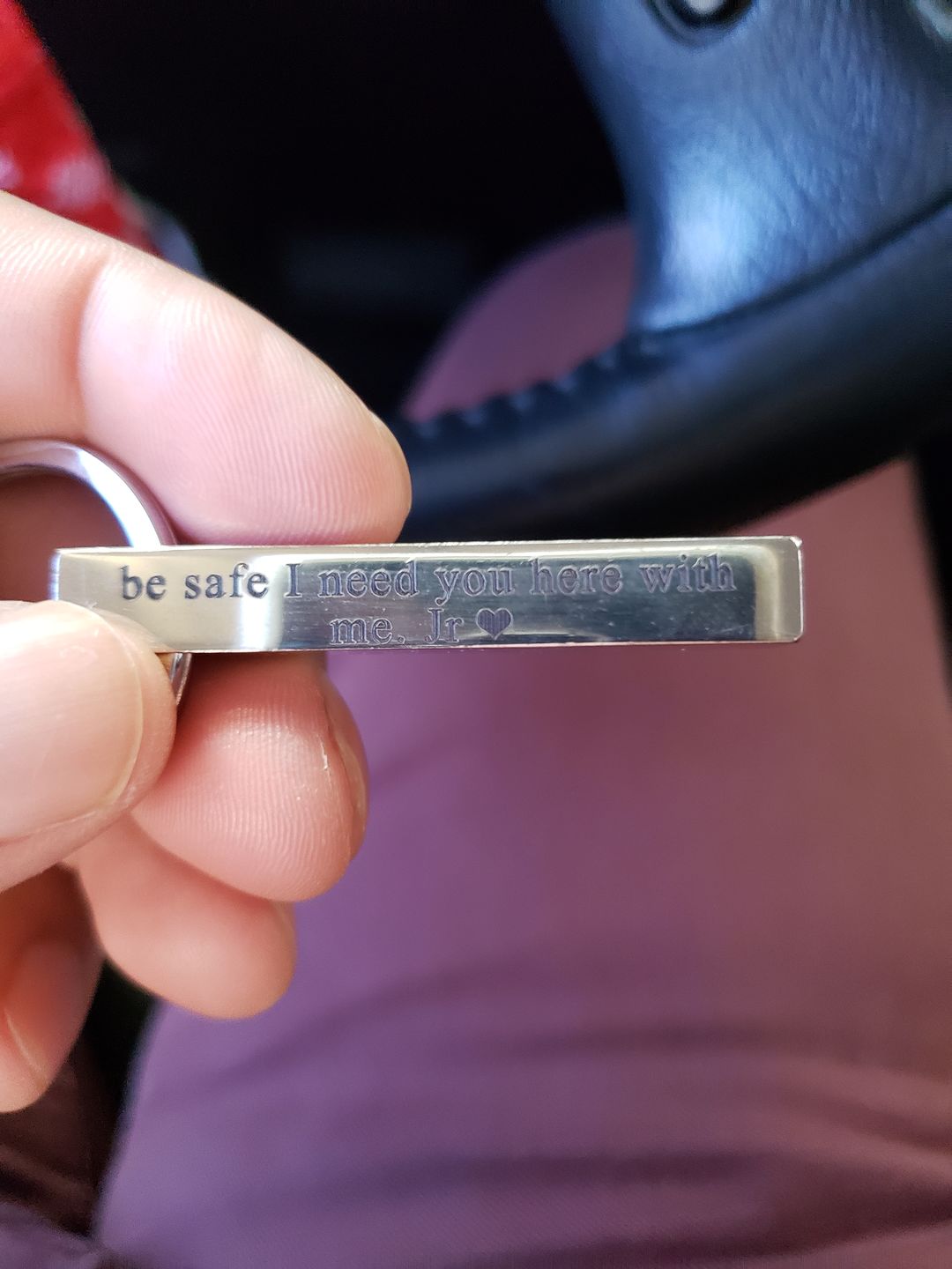 Customer photo review of Personalized 3D Bar Keychain, 4 Sided Metal Key fob