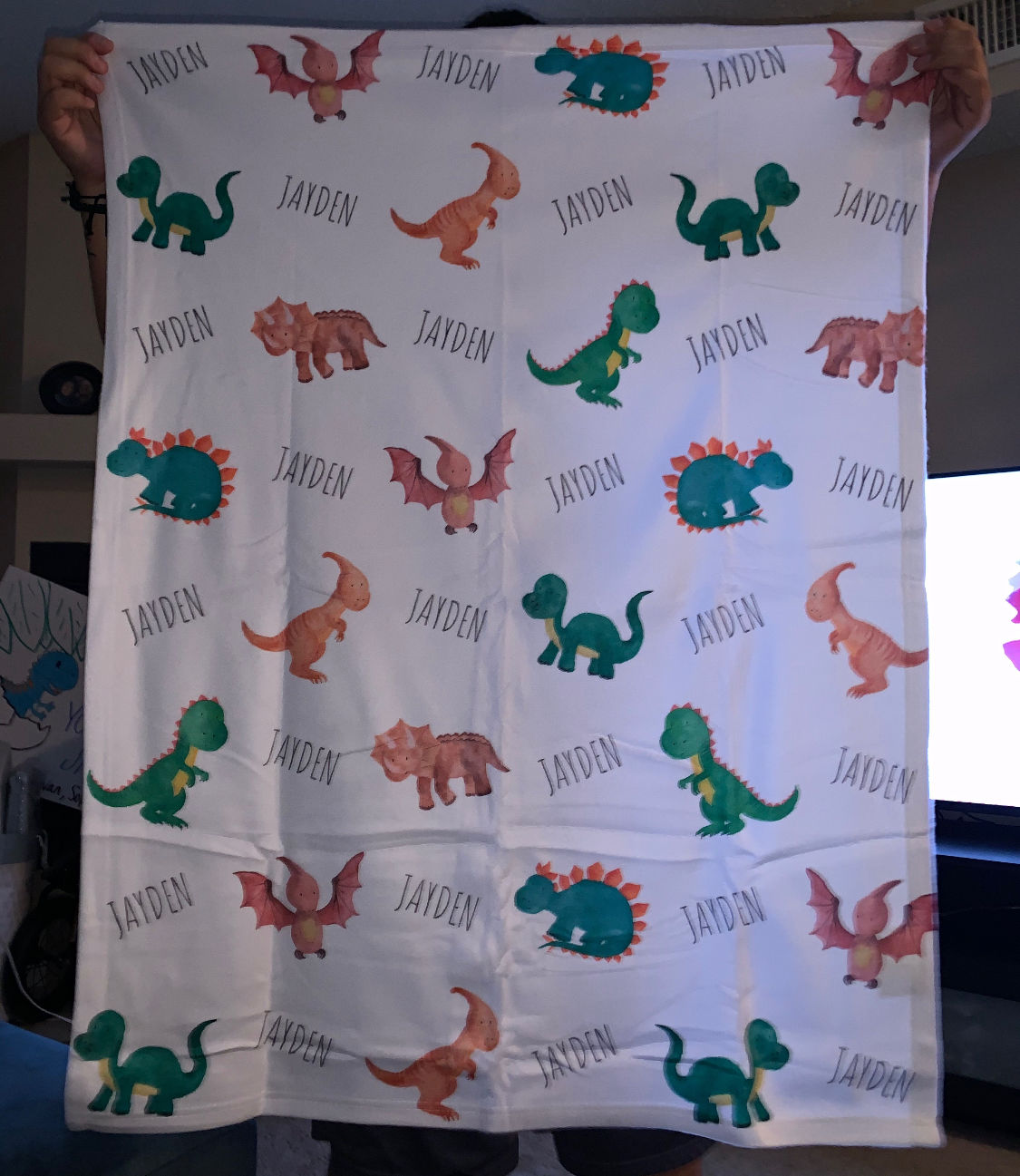Customer photo review of Personalized Dinosaur Watercolor Print Baby Name Blanket