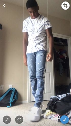 Customer photo review of Side Stripe Distressed Skinny Fit Track Denim Bleach Splatter (M4708D)