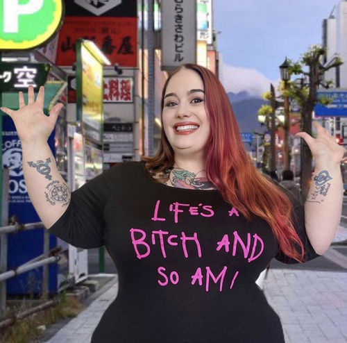 Customer photo review of Miss Kitty Life's a Bitch Raglan T-Shirt - Vixen by Micheline Pitt