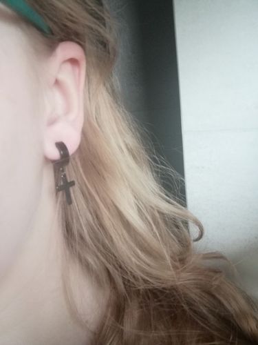 Customer photo review of Stainless Steel Cross Drop Earrings