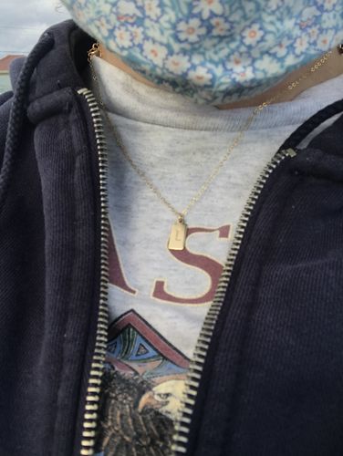 Customer photo review of Tiny Square Initial Stamped Necklace